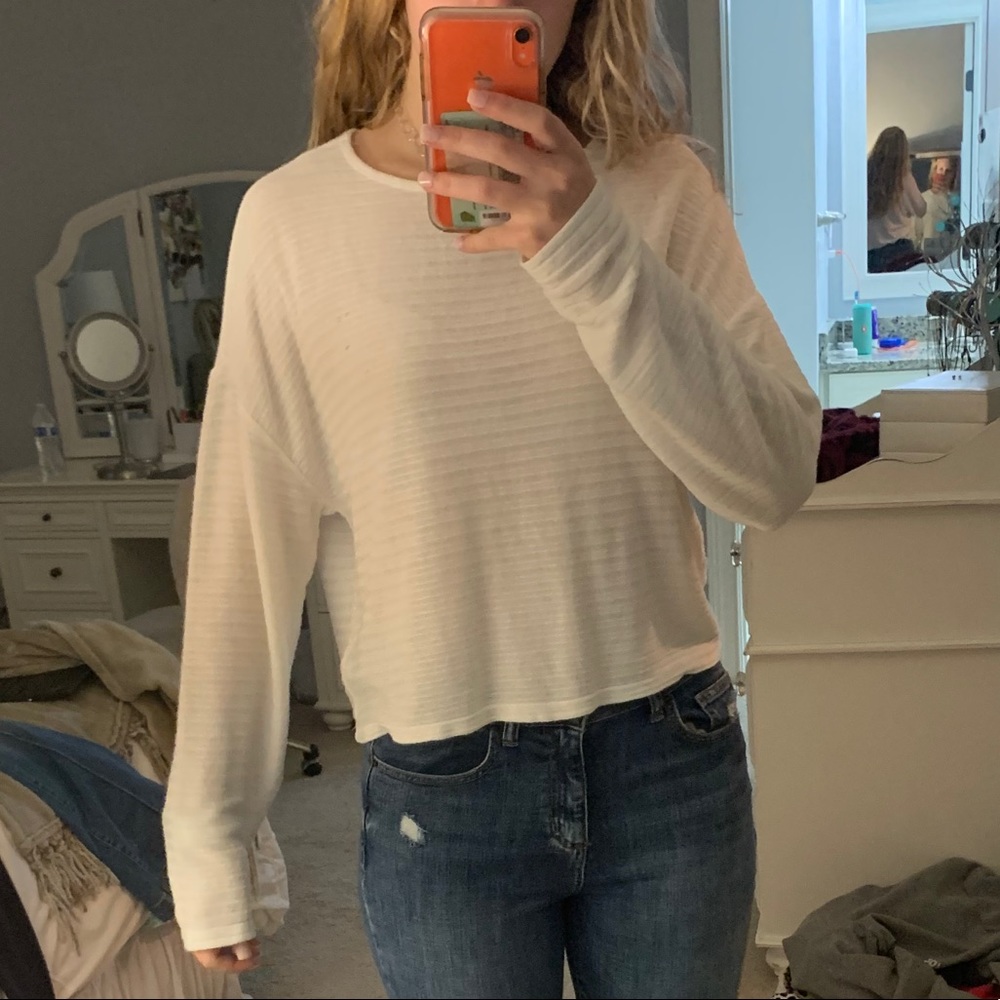 Forever 21 White Ribbed Long Sleeve Top
